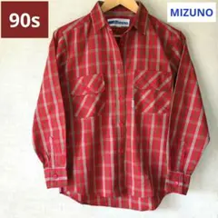 90s MIZUNO ヴィンテージチェックシャツ 赤系 ダブルポケット S~М