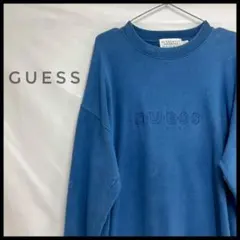 GUESS USA エンボスロゴ スウェット トレーナー 青　刺繍ロゴ　Y2K