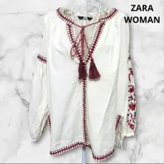 ZARA WOMAN エスニック 花柄 刺繍 ブラウス チュニック　フリンジ