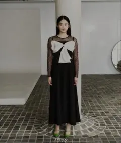 ブラック マキシドレス レーススリーブ リボン