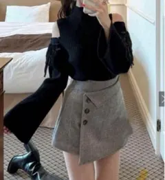 GRL インパン裏地付ヘリンボーンアシメミニスカート[tu923]