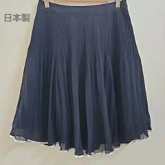 美 ネイビー プリーツスカート シフォン SOUP 膝丈 ワールド 9号 日本製