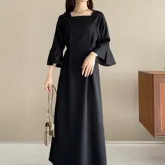 ね*こ様 【美品】callautia スクエアネックタックワンピース　ブラック