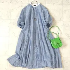 美品♪ミズイロインド クレリック フレアロングシャツワンピース ストライプ