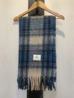【未使用に近い】チェック柄マフラー ブルー系 フリンジ