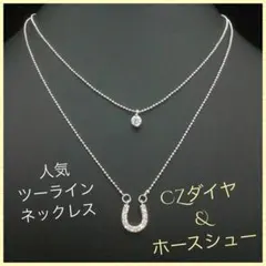 新品セール！お洒落！幸運の馬蹄ホースシュー&ラウンドCZダイヤ2連ネックレス
