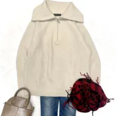 美品 NOBLE ウールカシミヤ ハーフジップニットプルオーバー ベージュ