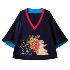 一点物 和柄 孔雀 鶴刺繍 着物リメイク風 ちりめん トップス 和モダン