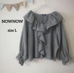 NowNow ギンガムチェック フリルブラウス 五分袖 パフスリーブ サイズL