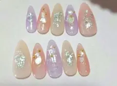 現品♡春ネイルベージュ×ピンク×パープル♡シルバー箔×シェル ハンドメイド