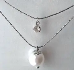 (未使用)人工パール＆ダイヤロングネックレス シルバー ジルコニア風