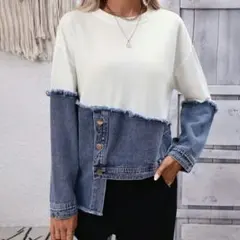 異素材MIX デニム切替 長袖スウェット 白×青　XXXL　大きいサイズ