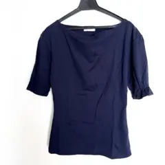 フェリシモ ボートネック 五分袖カットソー ネイビー S パフスリーブ