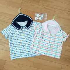 【未使用含む】ハンドメイド 兄妹お揃い 犬柄しっぽ付きセーラーカラーシャツセット