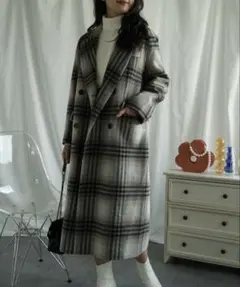 韓国　チェック柄 ダブルブレスト ロングコート
