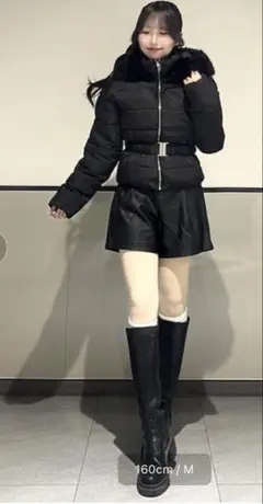 ショート丈ファーフード付ウエストベルトエコダウンコート