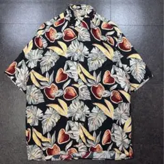 Munsingwear レーヨン アロハシャツ 総柄 フルーツ柄 半袖 黒 Mのサムネイル