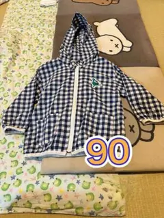 ギンガムチェック柄 ウィンドブレーカー パーカー 恐竜ワッペン付き　90