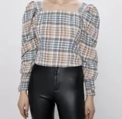 ZARA（ザラ） チェック柄 スクエアネック ブラウス