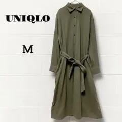 ユニクロ　フランネルシャツワンピース M カーキ　レディース　長袖　両ポケット