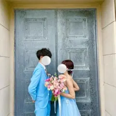 前撮り ドレス タキシード セット 水色 カラードレス 新郎新婦 ウェディング