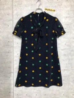 美品！古着 ドット花刺繡ワンピース 半袖 ネックリボン シースルー オーガンジー