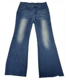 SHEIN ダークブルー ブーツカット デニム ダーメジ加工