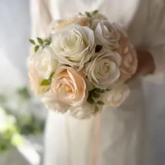 アイボリー×サーモンピンクラウンドブーケ☆ブートニア