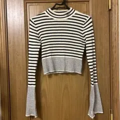 リブニット ボーダー ハイネック 白黒 Wcloset フレアスリーブのサムネイル