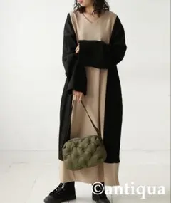 アンティカ リブ切り替えＶネックワンピース ドッキングワンピース