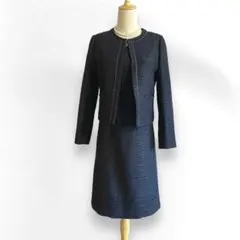 Krone ノーカラー　ツイード　スーツ　セットアップ　ネイビー　ワンピース