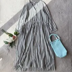 美品(L)長袖シャツワンピース/ロング/綿100%/コットン/Vネック/前開き