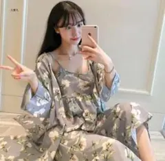 3点セット！ルームウェア グレー部屋着 パジャマ カーディガン XL花柄