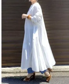 she's closet スタンドカラーフレアAライン長袖ロングシャツワンピース