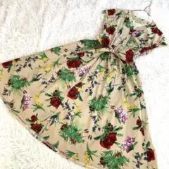 【美品】ボタニカルフラワーアート柄 ウエストリボン フレアワンピース BE M