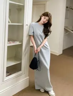 グレー 半袖 マキシ ワンピース M-Long by legna バイレグナ