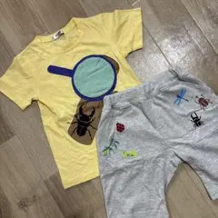 Tシャツ半ズボンセット昆虫採集110カブトムシしかけクワガタ虫メガネ黄色グレーのサムネイル