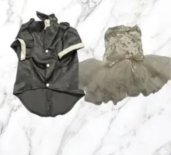 犬服セット　ペット服 結婚式　黒タキシードとアイボリードレスのサムネイル