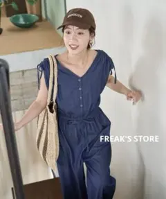 FREAK'S STORE限定展開レーヨンデニム袖リボンオールインワン◆ネイビー