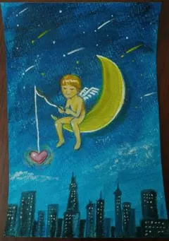 「夜釣り」(原画・はがきサイズ)　天使　夜景