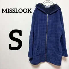 MISSLOOK 【S】 ネイビー チェック柄 ジップアップ パーカー 裏起毛