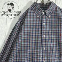 人気 ラルフローレン 長袖シャツ XL ネイビー チェック ボタンダウン 古着