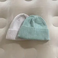 リブ編みニット帽2点セット（ホワイト・ミントグリーン）