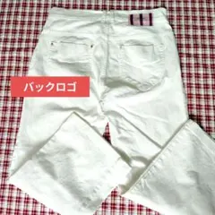 金ボタンホワイトデニムワイドパンツLサイズ相当バックロゴ