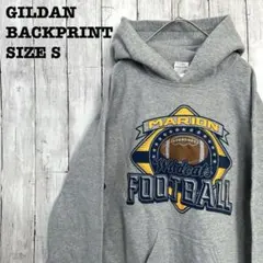 アメリカ古着 GILDAN バックプリントスエットパーカー　サイズS グレー