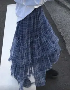 SHEIN ロングスカート　チェック柄　ブルー