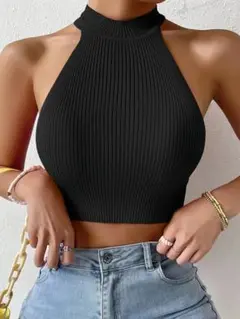 ブラック レディース リブニット ノースリーブ ベスト ハイネックタンクトップ