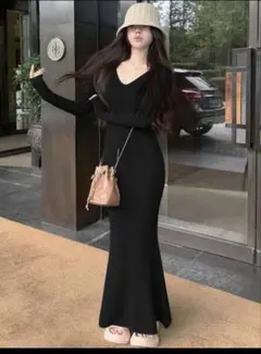 ブラック ロング ニットワンピース マーメイド