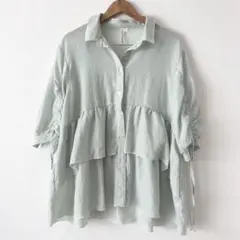 HK WORKS LONDON 緑のストライプ 五分袖シャツ Lサイズ