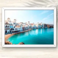 A4 エーゲ海の風に揺れる白い街と碧い海の風景画アート インテリアポスター